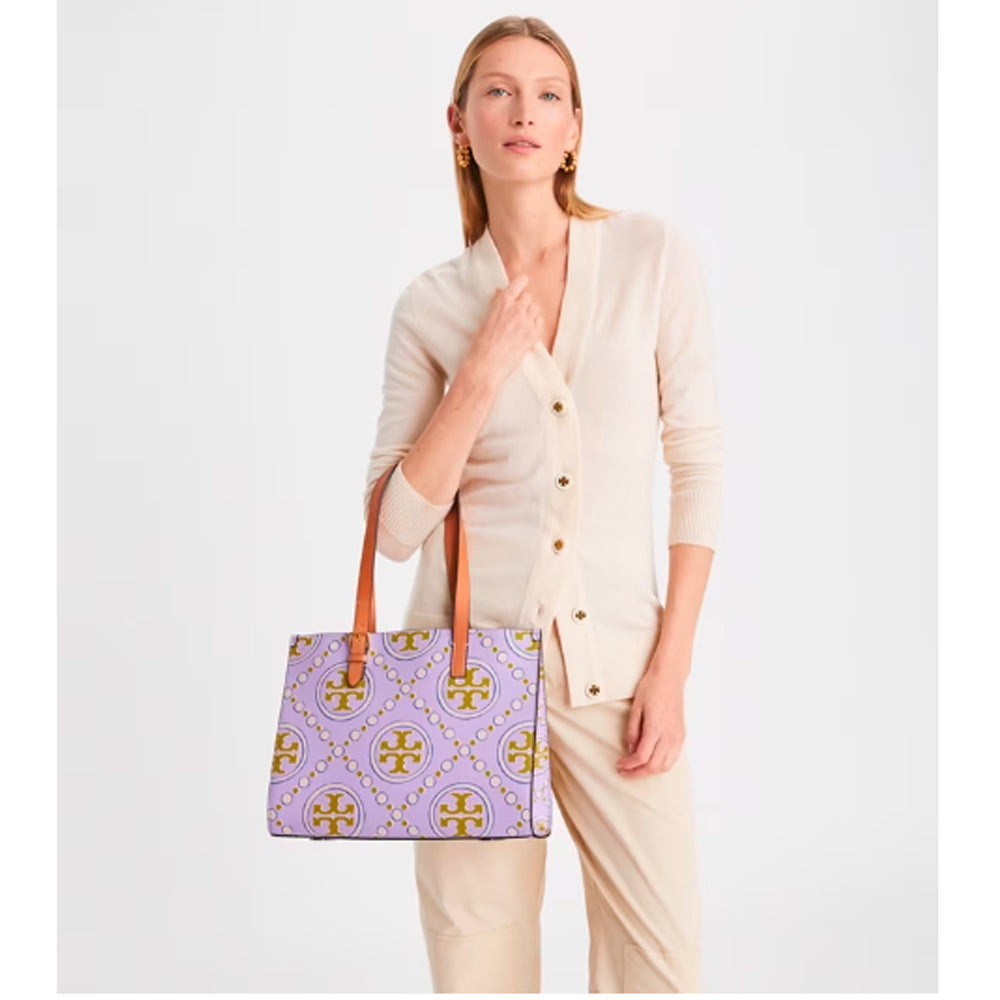 T Monogram Contrast Embossed Small Tote: Women's Handbags