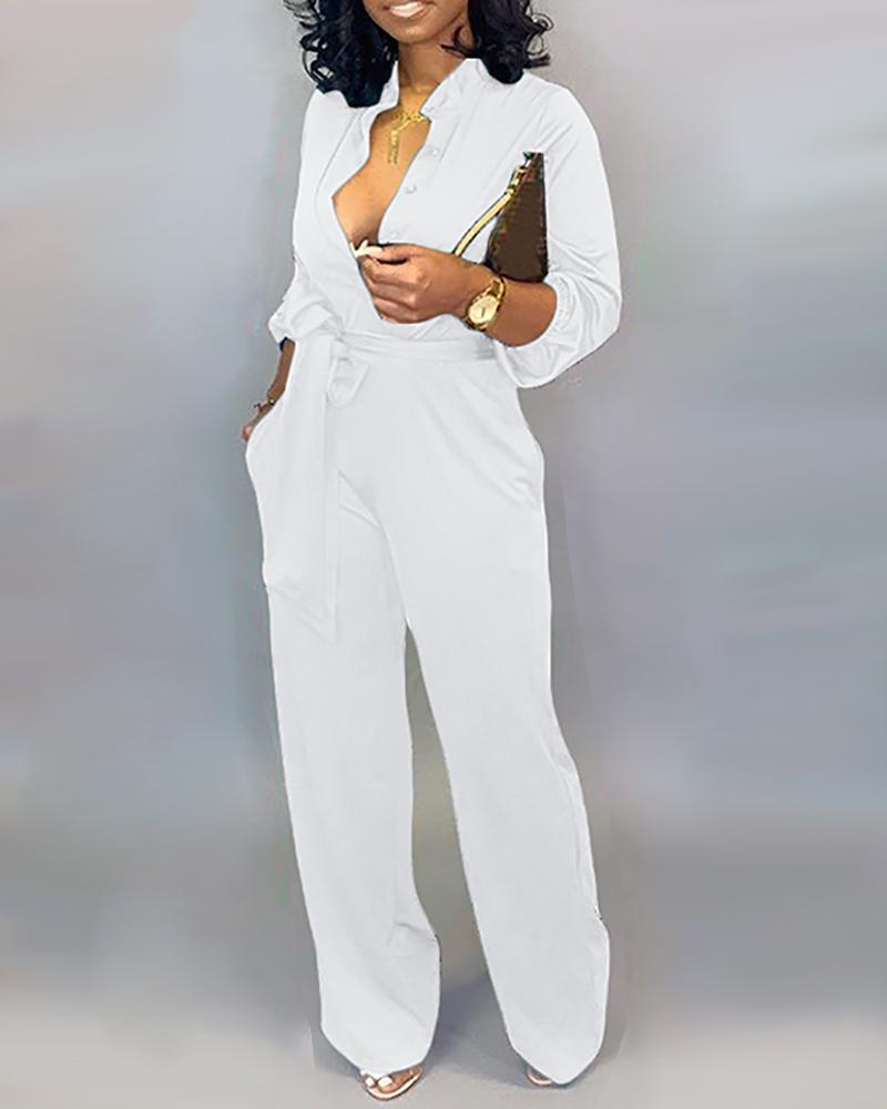 Chicme Solid Buttoned Pocket Casual Jumpsuit WHITE Amreki